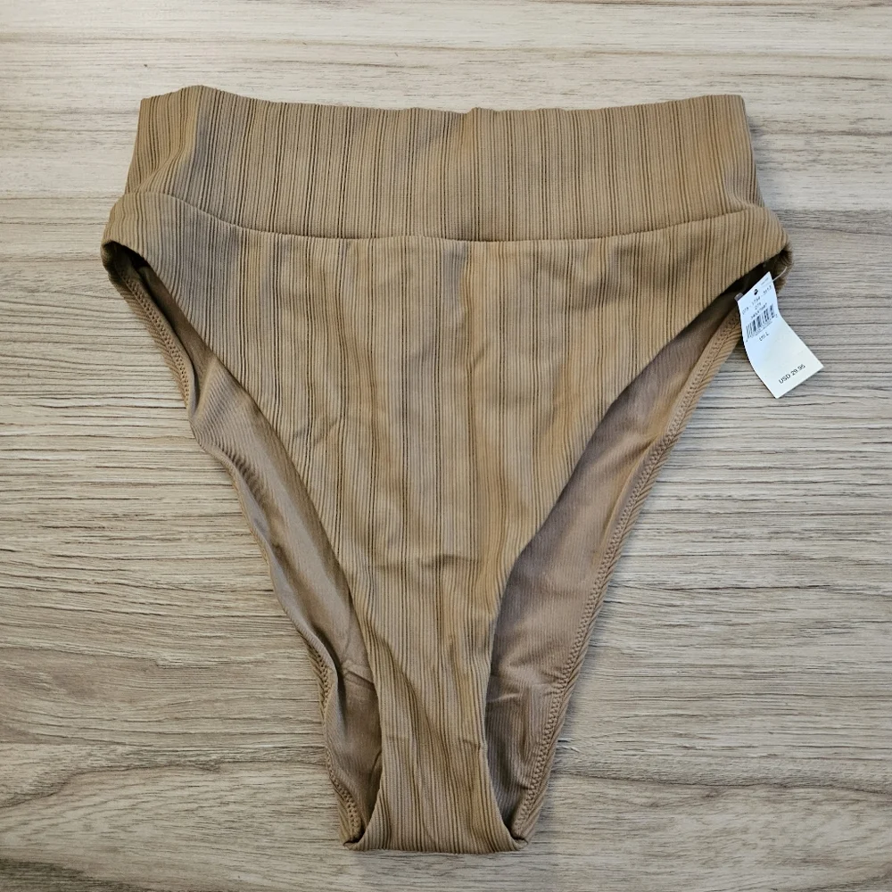 Aerie‎ High Cut Ribbed Cheeky Bikini Bottom Camel Brown Large